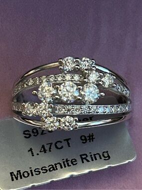 1.47CTW White Moissanite Multi-Row Scatter Statement Band Ring S925 Silver Sz 9